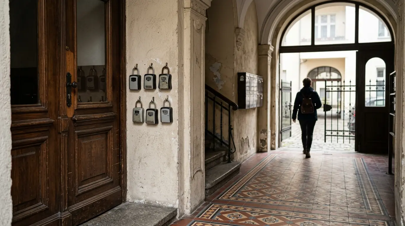 Mehrere metallene Schlüsselsafes an einer verputzten Wand im Hausflur eines Berliner Altbaus neben einer Flügeltür.
