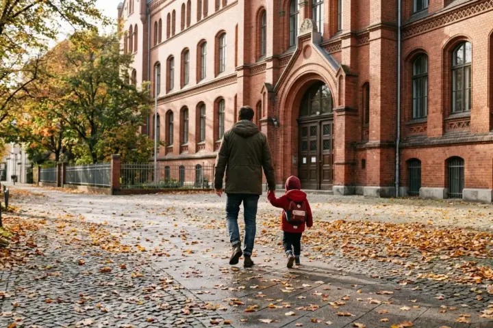 Ein Erwachsener und ein Kind gehen von hinten auf das Portal einer Berliner Grundschule aus rotem Backstein zu.
