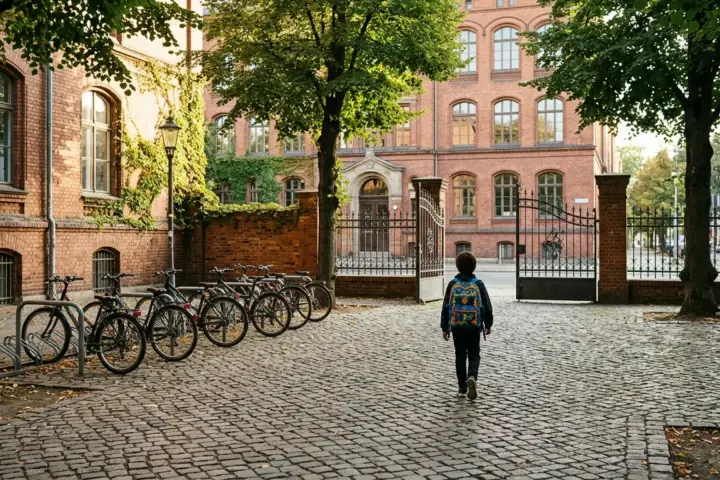 Blick über einen sonnigen Schulhof mit Kopfsteinpflaster und Backsteinfassade, ein Kind mit Ranzen von hinten