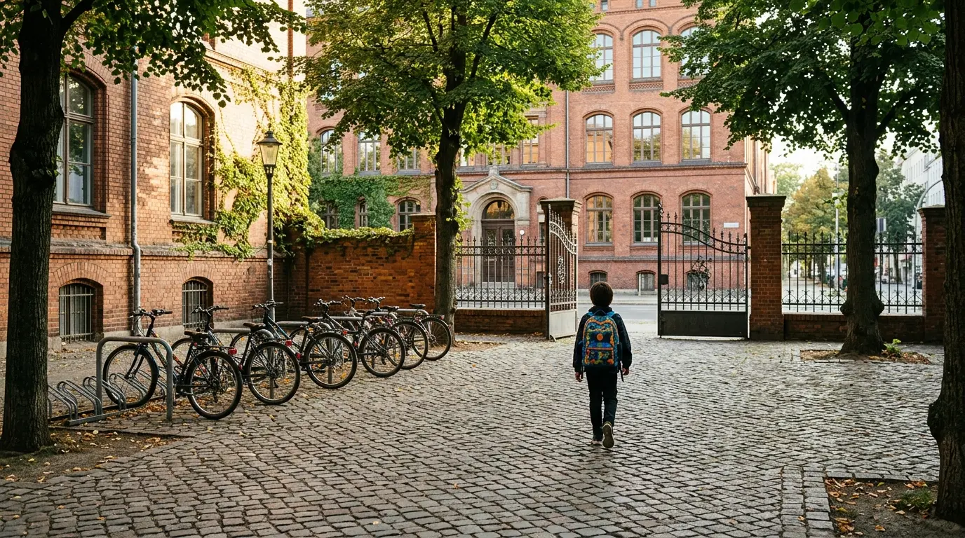 Blick über einen sonnigen Schulhof mit Kopfsteinpflaster und Backsteinfassade, ein Kind mit Ranzen von hinten