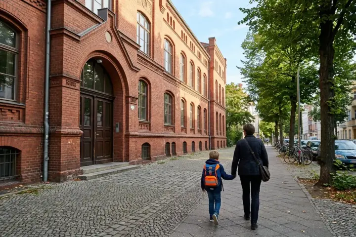 Ein Kind mit Schulranzen und ein Erwachsener gehen von hinten auf das Portal eines Berliner Schulgebäudes zu.