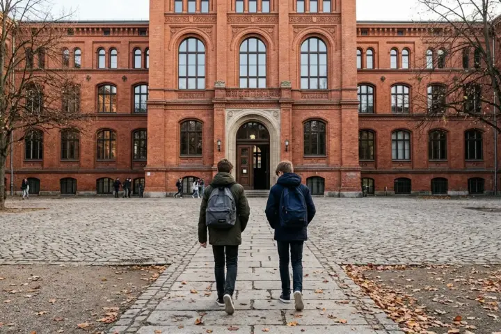 Zwei Schulkinder mit Rucksäcken von hinten auf dem Pflasterhof vor dem Klinkerbau einer Berliner Schule im Morgenlicht.