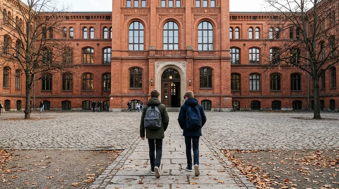 Zwei Schulkinder mit Rucksäcken von hinten auf dem Pflasterhof vor dem Klinkerbau einer Berliner Schule im Morgenlicht.