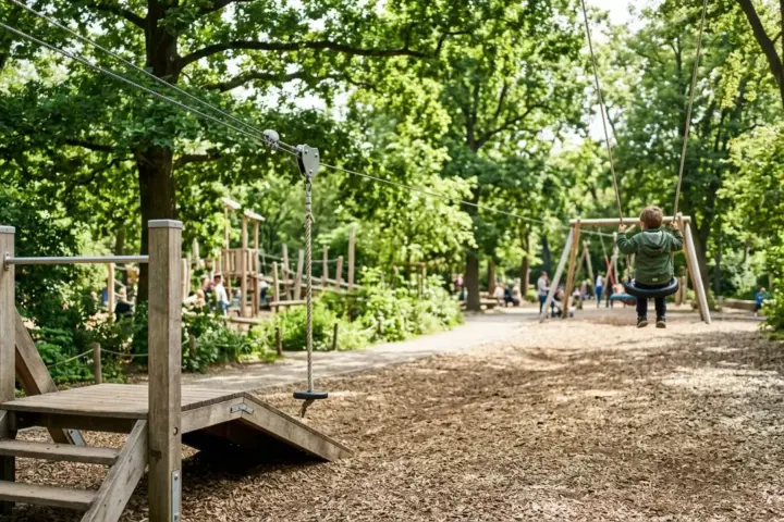 Seilbahn mit Holzpfosten und Pendelsitz auf Holzschnitzeln in einem schattigen Berliner Park mit Laubbäumen.