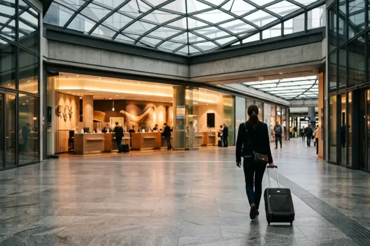 Reisender mit Rollkoffer von hinten in einer lichtdurchfluteten Bahnhofshalle vor einem modernen Servicebereich