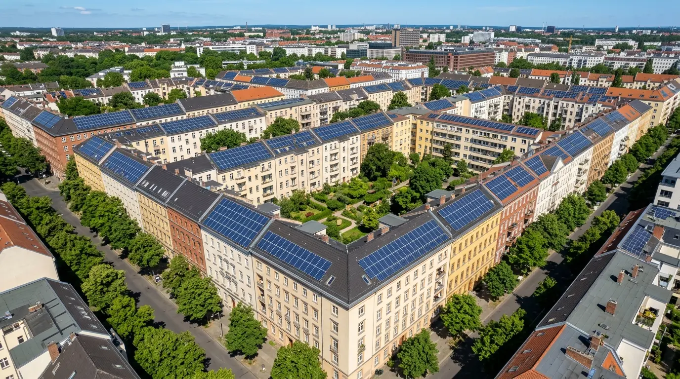 Dunkelblaue Photovoltaikmodule auf den Dächern Berliner Mehrfamilienhäuser und Altbauten aus der Vogelperspektive.