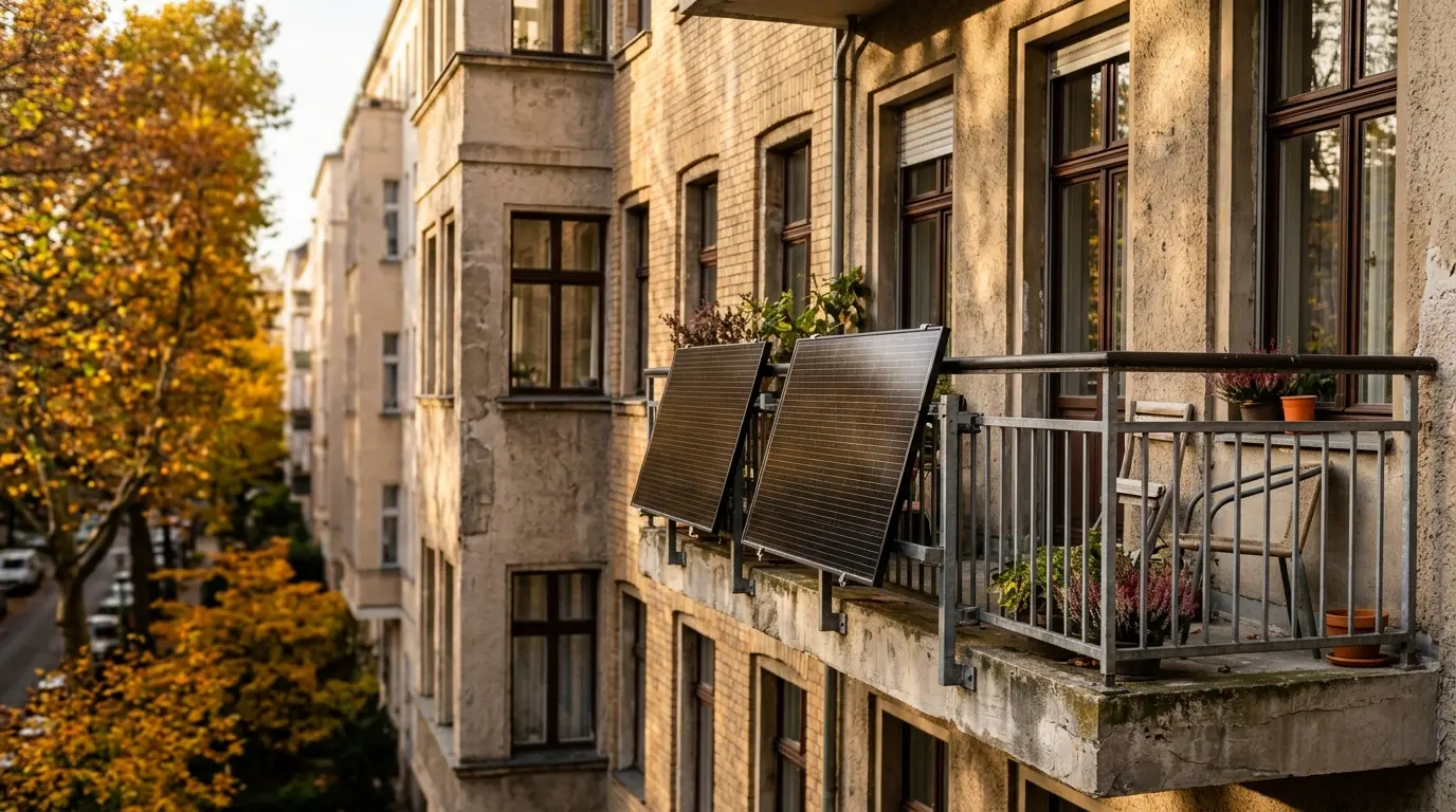Zwei dunkle Solarmodule an der Metallbrüstung eines Balkons an einem Berliner Wohnhaus im warmen Herbstlicht.