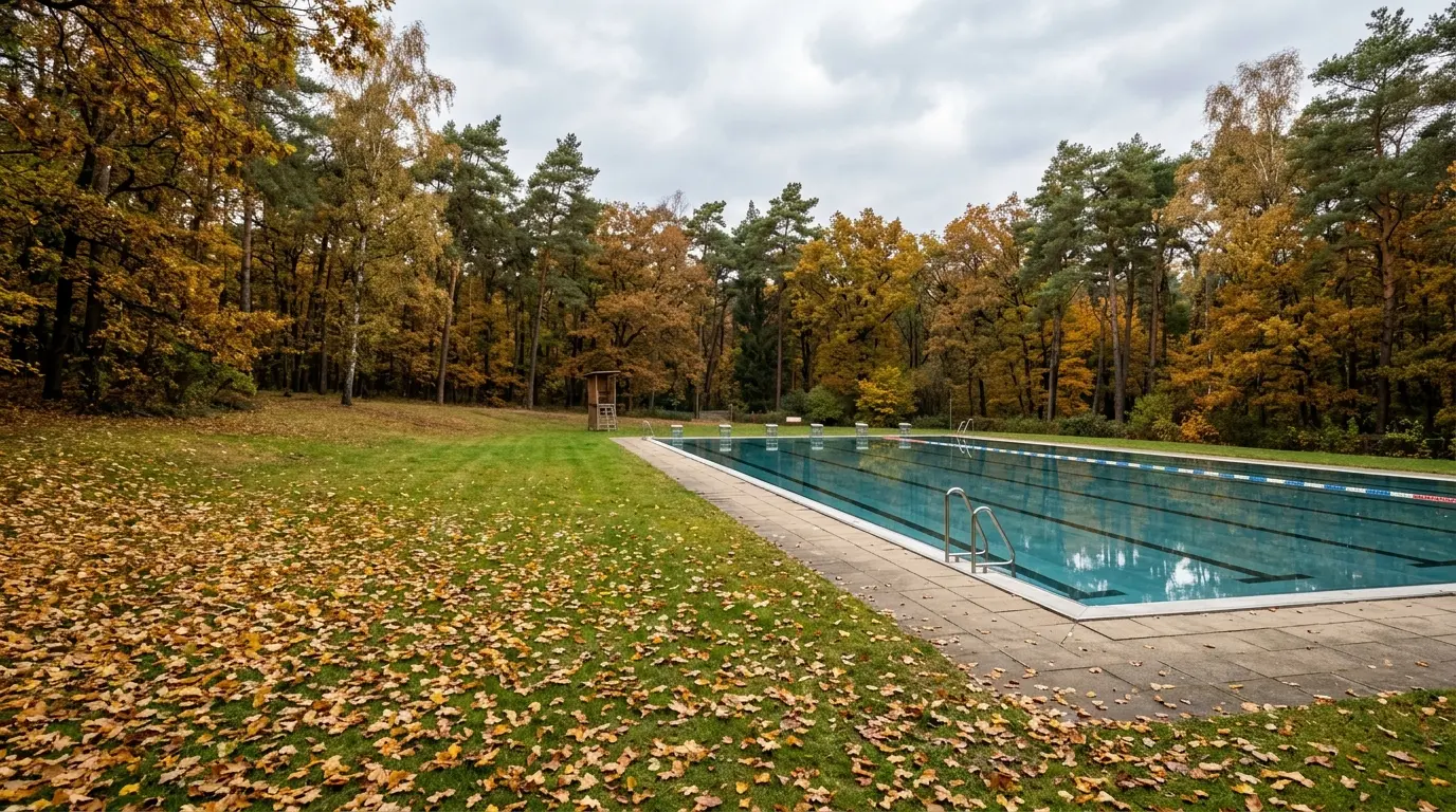 Leeres Becken im Sommerbad Wuhlheide mit stiller Wasserflaeche und herbstlichem Laub auf der Liegewiese