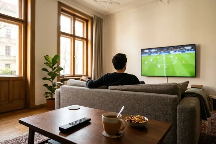 Eine Fernbedienung liegt auf dem Holztisch vor einem Fernseher mit grünem Sportrasen im Wohnzimmer.