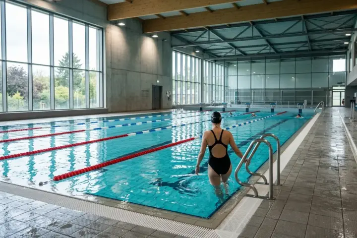 Helles Hallenbad mit ruhigem blauem Wasser, markierten Schwimmbahnen und einer großen Glasfront am Beckenrand.