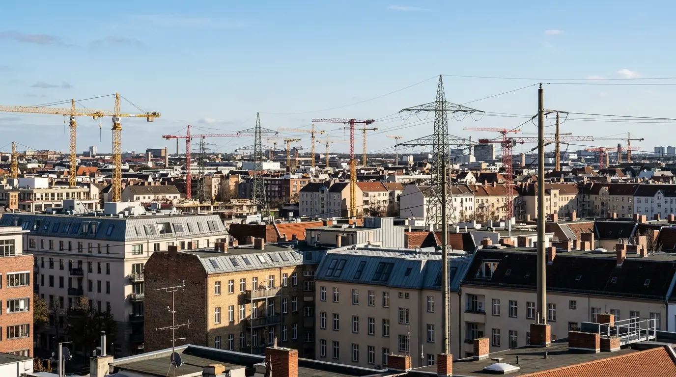 Berliner Dächerlandschaft im Tageslicht mit mehreren Baukränen und oberirdischen Stromtrassen über Altbauten.
