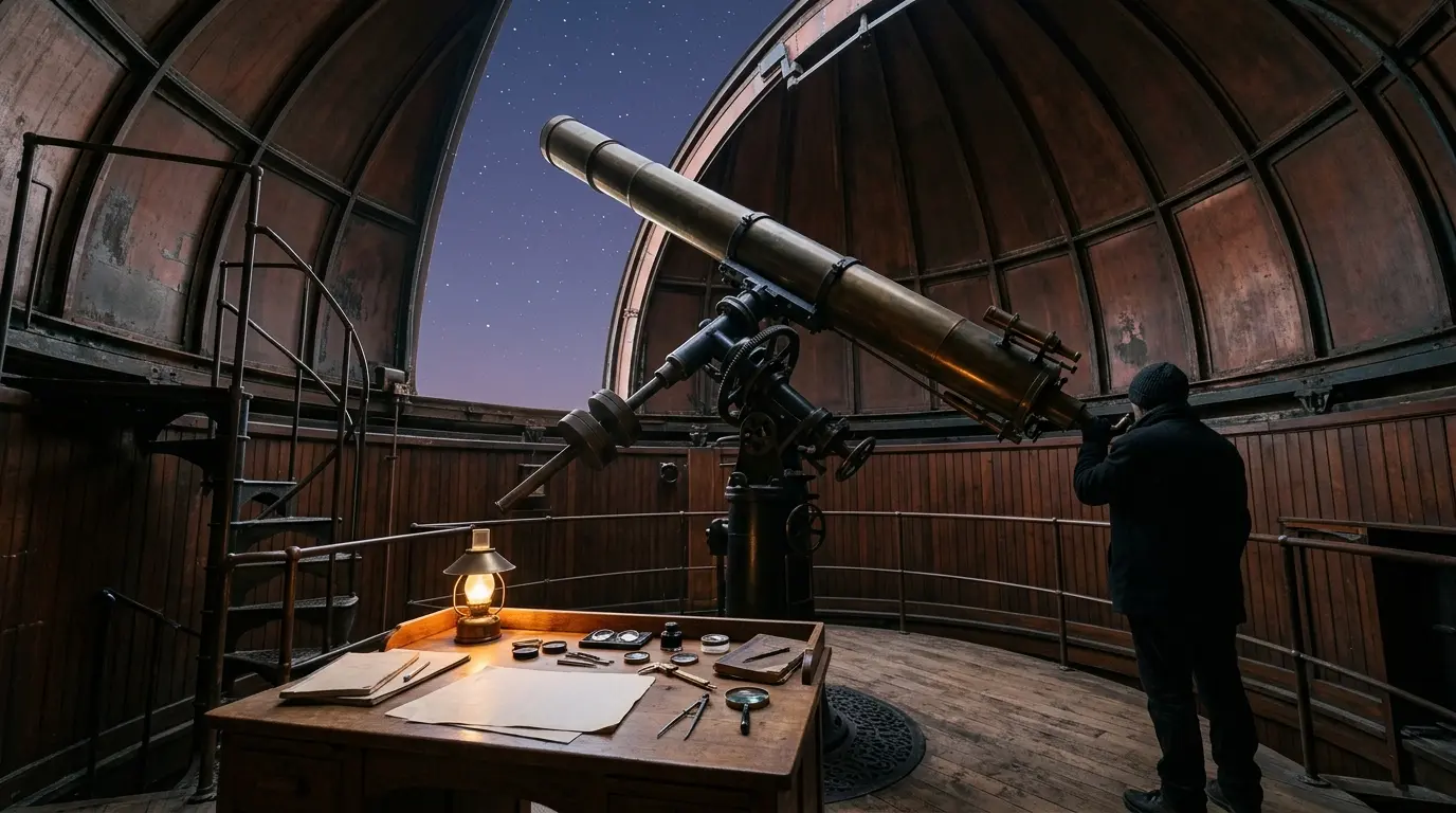 Historisches Messingfernrohr in einer Sternwartenkuppel bei Dämmerung, davor ein Holztisch mit optischen Instrumenten.