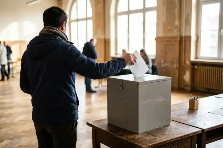 Eine Person von hinten wirft einen neutral gefalteten Stimmzettel in eine Wahlurne in einem hellen Wahllokal.