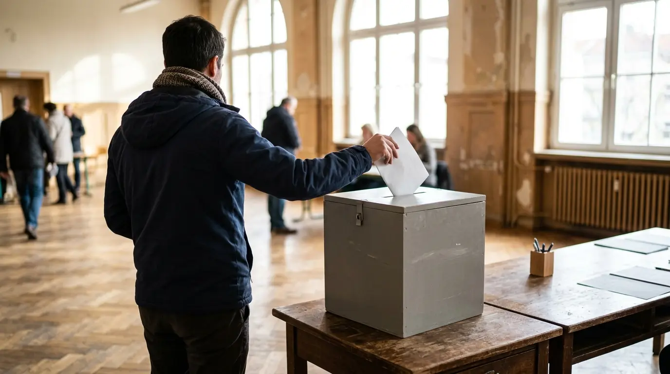 Eine Person von hinten wirft einen neutral gefalteten Stimmzettel in eine Wahlurne in einem hellen Wahllokal.