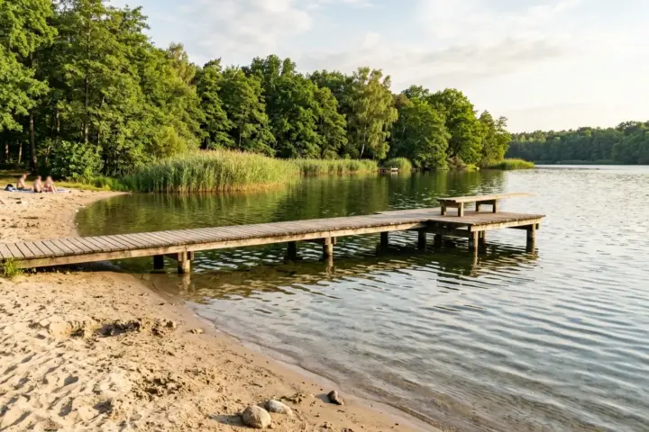Ruhiges Seeufer mit Sandstrand, Holzsteg im klaren Wasser und schilfbewachsenem Waldrand an einem sonnigen Tag.