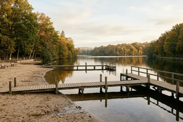 Ruhiger Sandstrand an einem Berliner See mit Holzsteg und herbstlichen Bäumen im Morgenlicht.