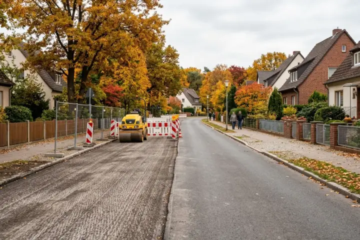 Abgefräster Straßenbelag vor Einfamilienhäusern in Mahlsdorf mit rot-weißen Absperrschranken und Walze.