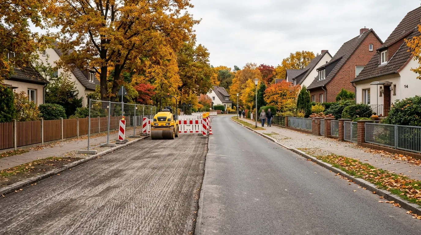 Abgefräster Straßenbelag vor Einfamilienhäusern in Mahlsdorf mit rot-weißen Absperrschranken und Walze.