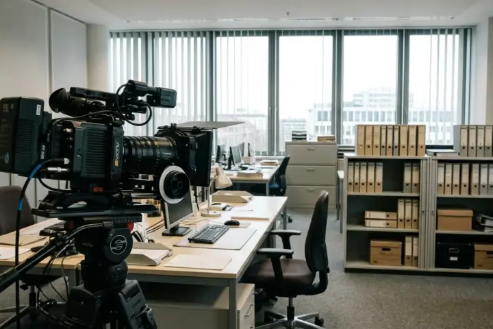 Filmkamera auf einem Stativ vor leeren Schreibtischen und Aktenordnern in einem hellen Büro mit Lamellen.