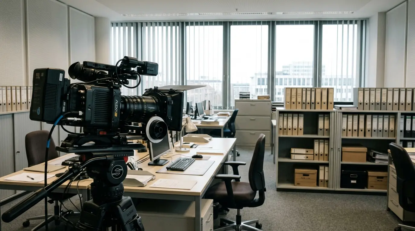 Filmkamera auf einem Stativ vor leeren Schreibtischen und Aktenordnern in einem hellen Büro mit Lamellen.