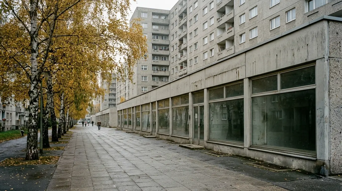 Flaches Einkaufszentrum aus Beton mit leeren Schaufenstern zwischen hohen Plattenbauten und gelben Herbstbäumen.