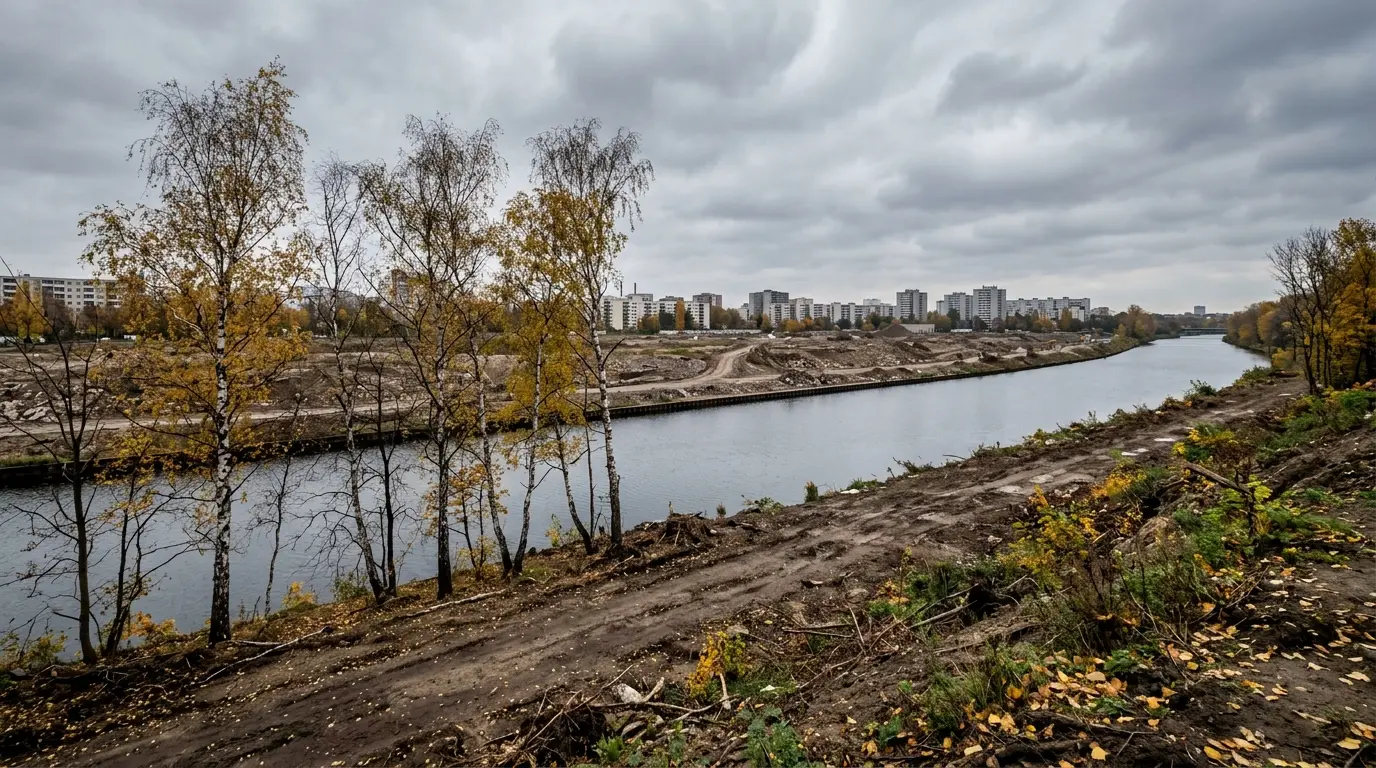 Brachland am Ufer des Teltowkanals mit herbstlichen Birken, einem Erdwall und Wohnhäusern im Hintergrund.