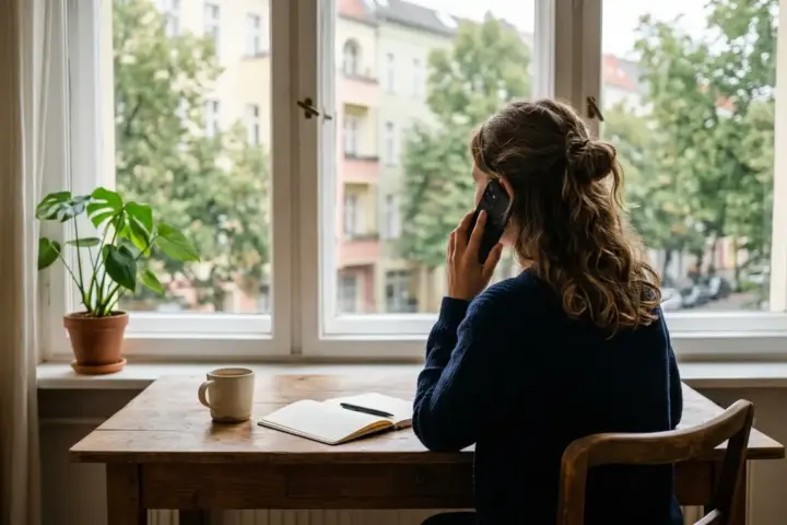 Eine Person von hinten am Schreibtisch am Fenster mit Smartphone am Ohr, draußen Berliner Wohnhausfassaden.
