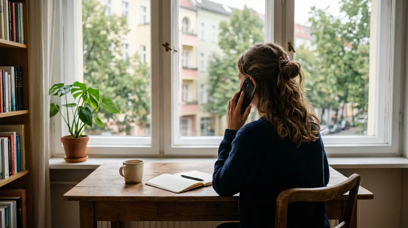 Eine Person von hinten am Schreibtisch am Fenster mit Smartphone am Ohr, draußen Berliner Wohnhausfassaden.