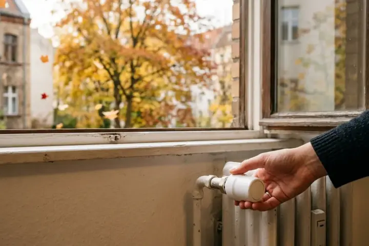 Hand dreht am Thermostat eines Heizkörpers in einer Berliner Mietwohnung vor einem Fenster im Herbstlicht.