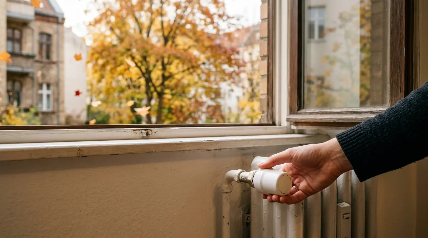 Hand dreht am Thermostat eines Heizkörpers in einer Berliner Mietwohnung vor einem Fenster im Herbstlicht.