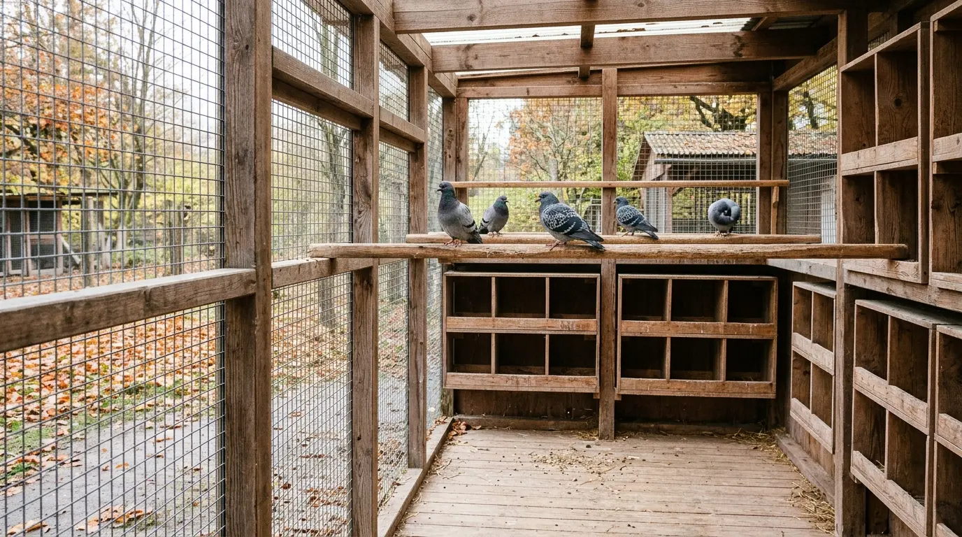 Holzschlag in einer Tierheimanlage mit einzelnen Tauben auf hölzernen Sitzstangen