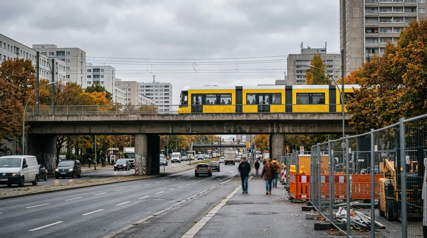 Eine gelbe Straßenbahn fährt an einem Herbsttag über eine breite Betonbrücke mit Baustellenabsperrungen am Rand.