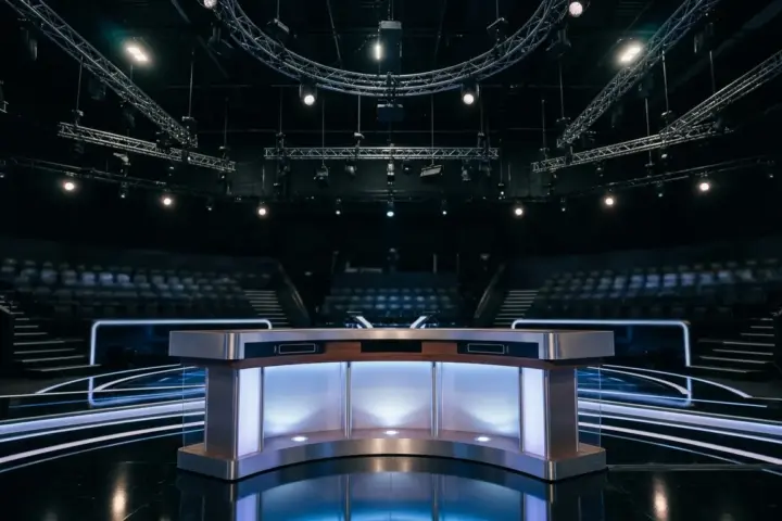 Leeres Fernsehstudio mit blauem Scheinwerferlicht und Kandidatenpult für den Quiz-Champion Gewinner.