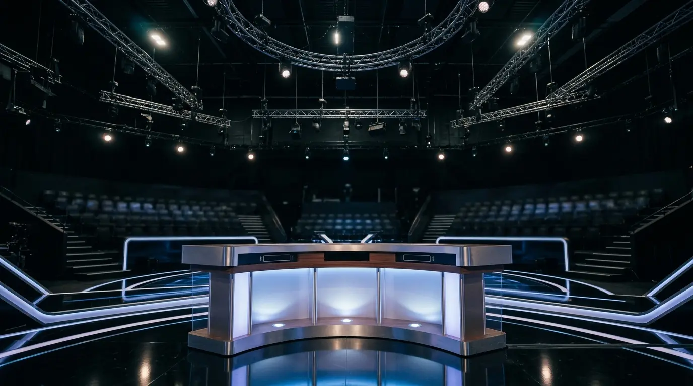 Leeres Fernsehstudio mit blauem Scheinwerferlicht und Kandidatenpult für den Quiz-Champion Gewinner.