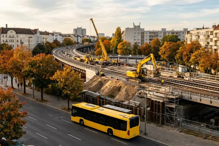 Baustelle an der oberirdischen Trasse der U6 Tegel mit Gleisarbeiten auf dem Bahndamm und gelbem Bus im Vordergrund.