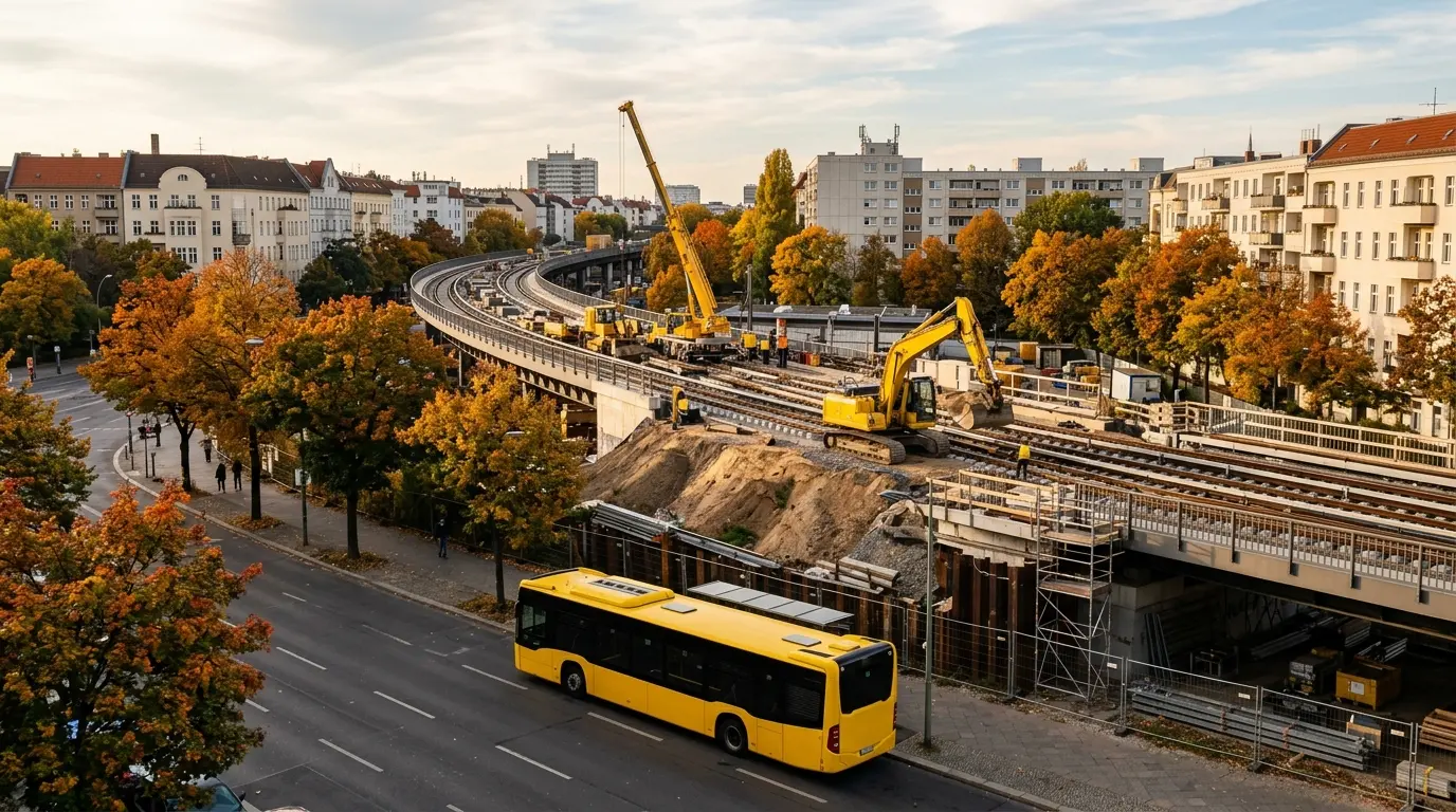 Baustelle an der oberirdischen Trasse der U6 Tegel mit Gleisarbeiten auf dem Bahndamm und gelbem Bus im Vordergrund.