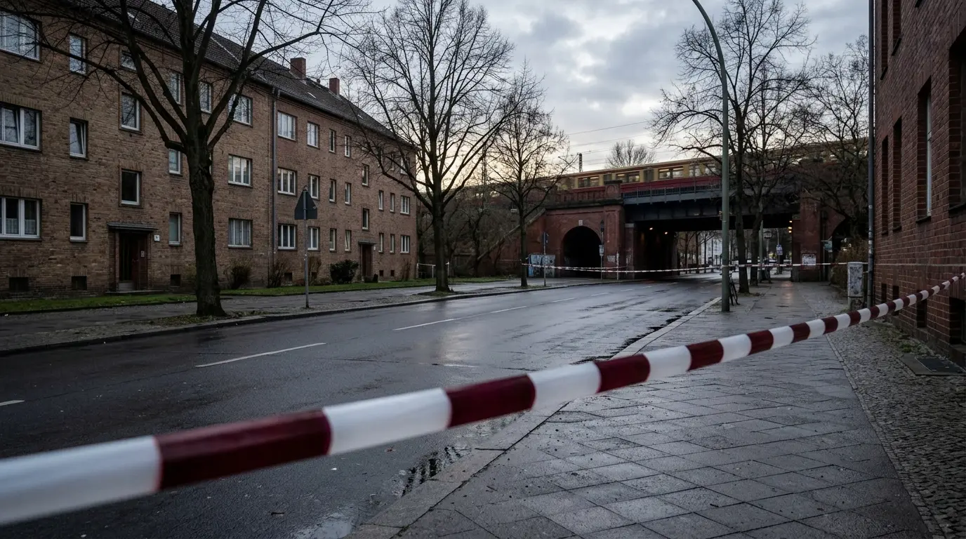 Eine verlassene Straße an einer Bahnunterführung bei bedecktem Himmel mit unscharfem Absperrband im Vordergrund.