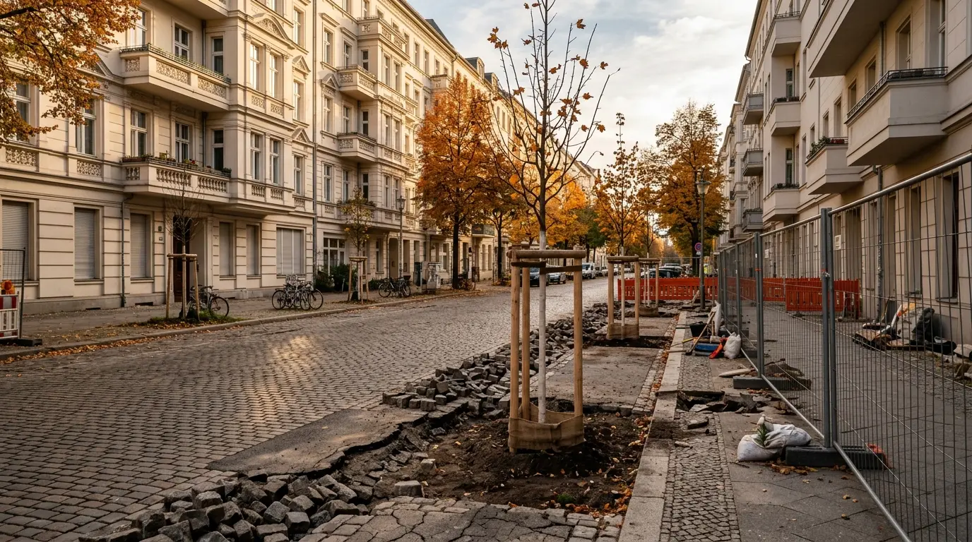 Aufgebrochene Straße mit Bauzäunen, neu angelegten Pflanzbeeten und jungen Bäumen vor Altbauten im Herbstlicht.