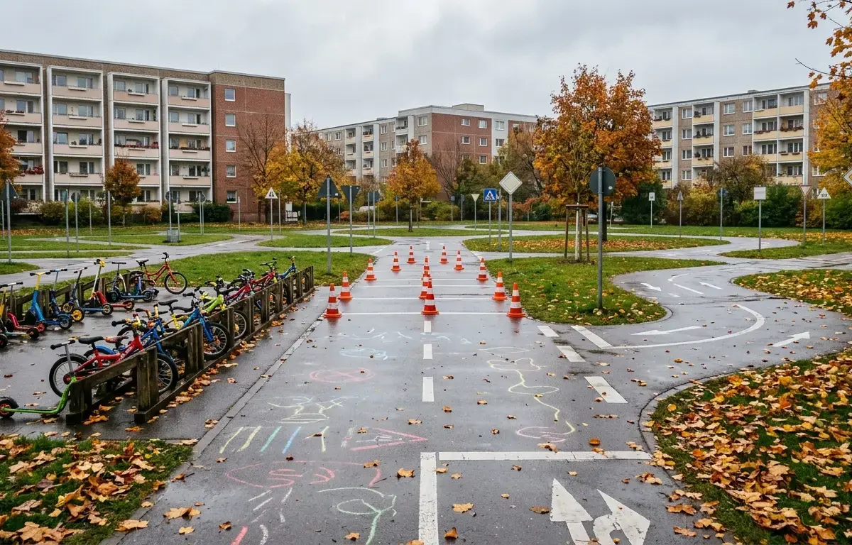 Kinderfahrräder, Roller und orangefarbene Pylone auf herbstlichem Übungsasphalt vor unscharfen Plattenbauten.
