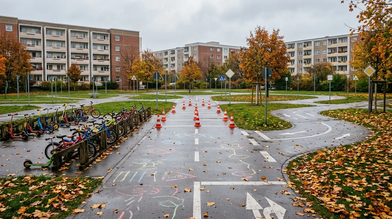 Kinderfahrräder, Roller und orangefarbene Pylone auf herbstlichem Übungsasphalt vor unscharfen Plattenbauten.