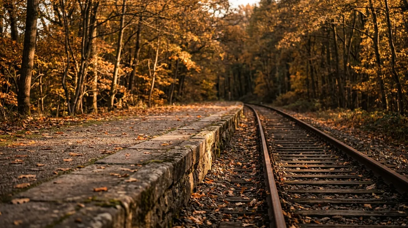 Verlassene Bahnsteigkante mit verrosteten Schienen und herbstlichem Laub unter baumbestandener Böschung.