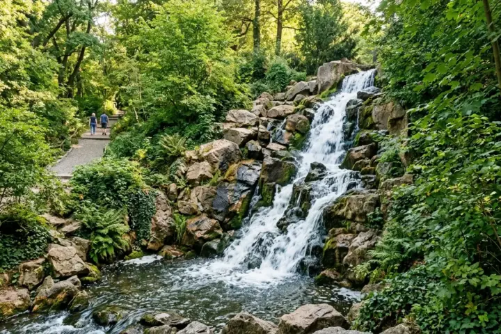 Künstlicher Wasserfall fließt über dunkle Granitfelsen im Viktoriapark, gesäumt von dichten Bäumen und Hangwegen.