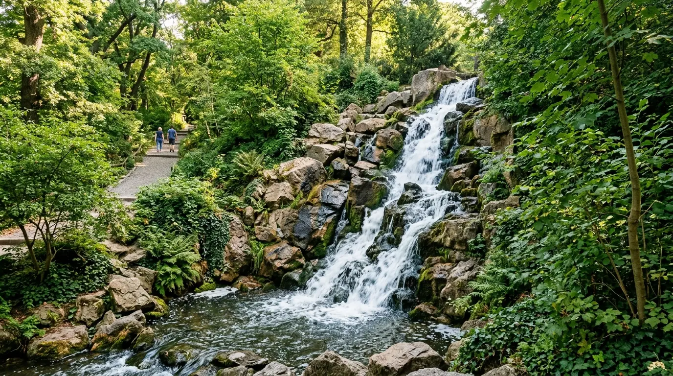 Künstlicher Wasserfall fließt über dunkle Granitfelsen im Viktoriapark, gesäumt von dichten Bäumen und Hangwegen.