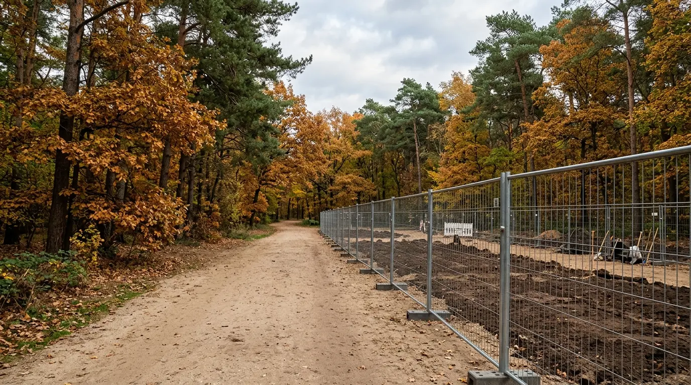 Breiter Sandweg zwischen Kiefern und Eichen im Waldpark mit herbstlichem Laub, seitlichem Bauzaun und frischen Beeten.