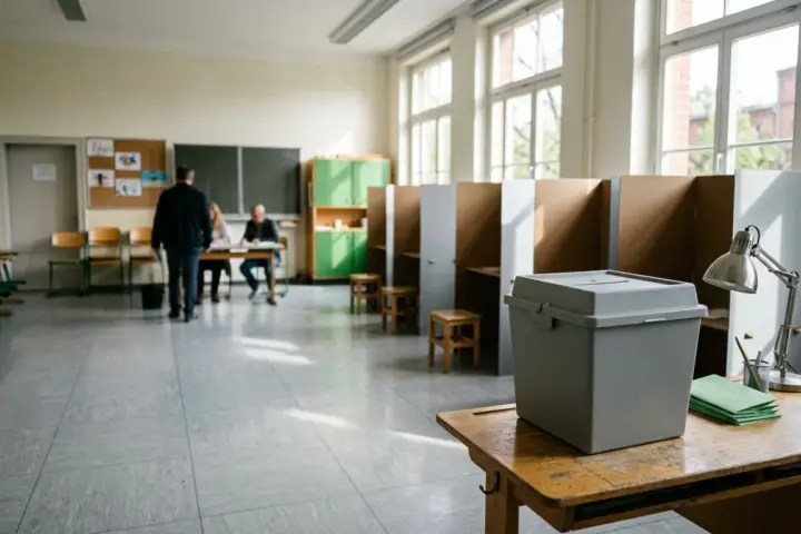 Eingerichtetes Wahllokal in einem Berliner Klassenzimmer mit Wahlurne auf dem Tisch und aufgestellten Wahlkabinen.