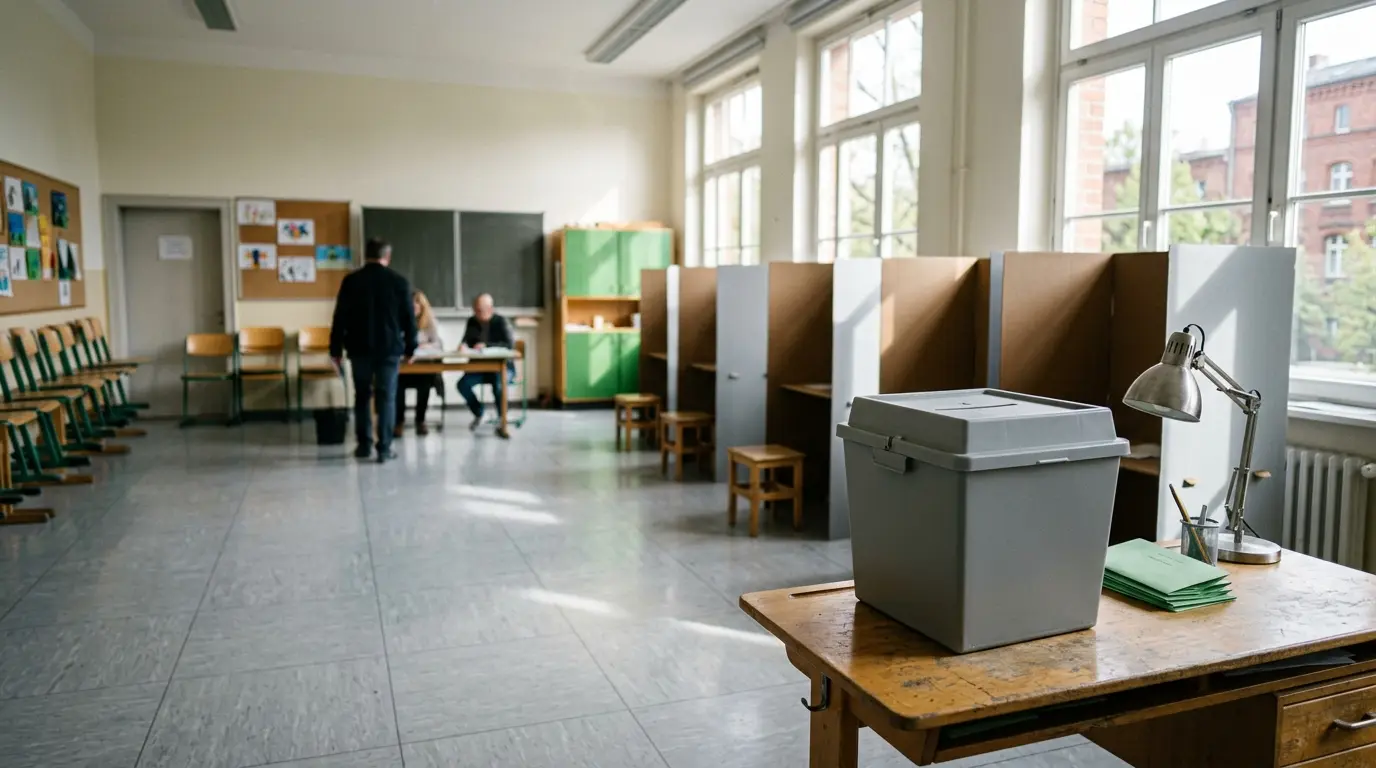 Eingerichtetes Wahllokal in einem Berliner Klassenzimmer mit Wahlurne auf dem Tisch und aufgestellten Wahlkabinen.