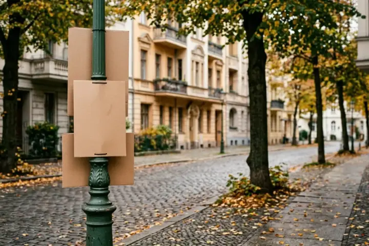 Leere Wahlplakate an einem Berliner Laternenmast vor unscharfen Altbaufassaden und Herbstbäumen am Straßenrand.