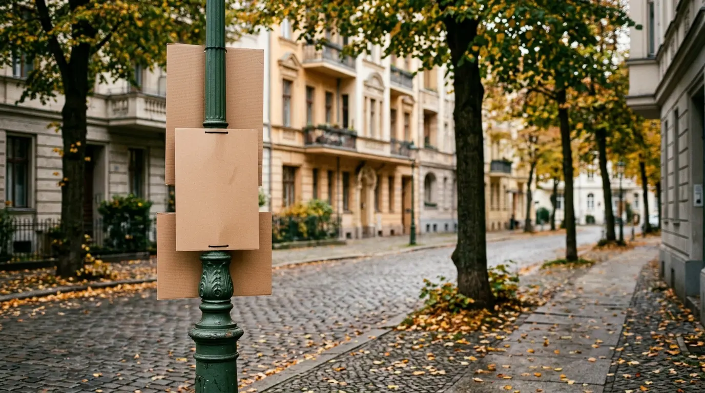 Leere Wahlplakate an einem Berliner Laternenmast vor unscharfen Altbaufassaden und Herbstbäumen am Straßenrand.