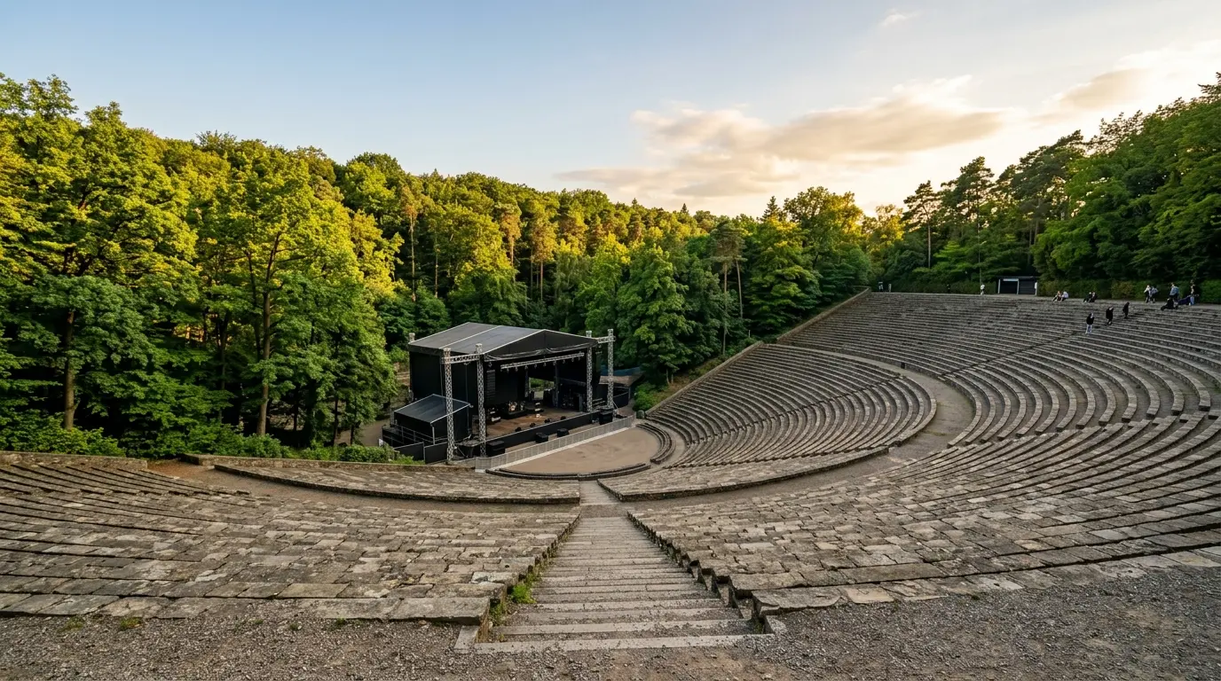Großes Freilufttheater mit steilen steinernen Sitzreihen mitten im grünen Wald im warmen Abendlicht.
