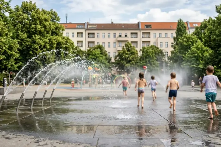Eine gepflasterte Plansche im Park mit bogenförmigen Wasserdüsen und grünen Bäumen im Hintergrund.